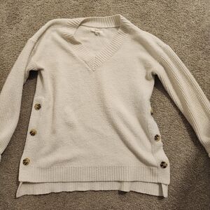 Cream V-Neck Sweater with Button Detail